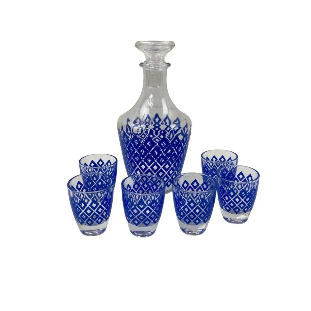 French Liquor Wine Decanter & 6 Shot Glasses Blue Diamond Pattern Barware Bar